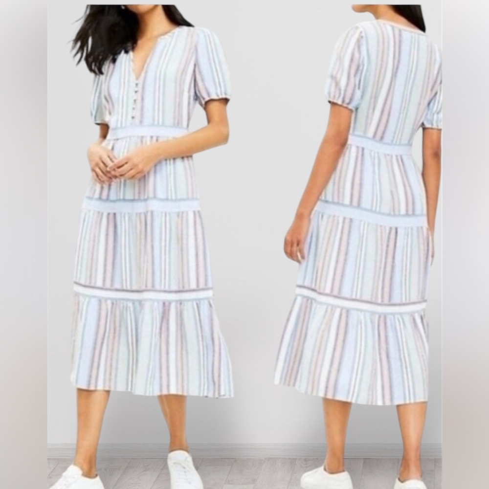 LOFT Size 10 Striped Multicolor Short Sleeve Button V Neck Tiered MIDI Dress